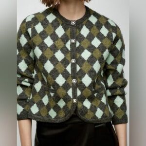NWOT Zara Knit Diamond Jacquard Cardigan Green Multicolor Size Small